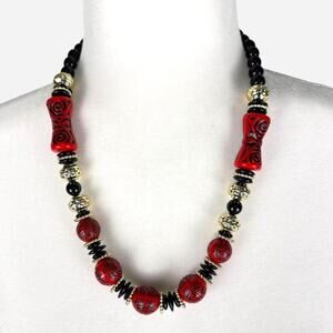 Black red beaded statement necklace with boho tribal print details